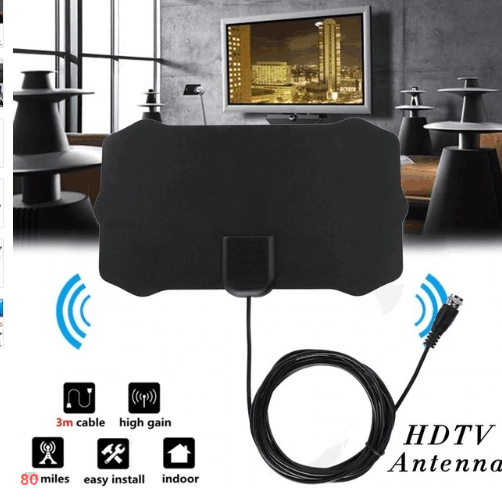 The antenna with its specifications marked: 80 miles, 3m cable, high gain, easy install, indoor use