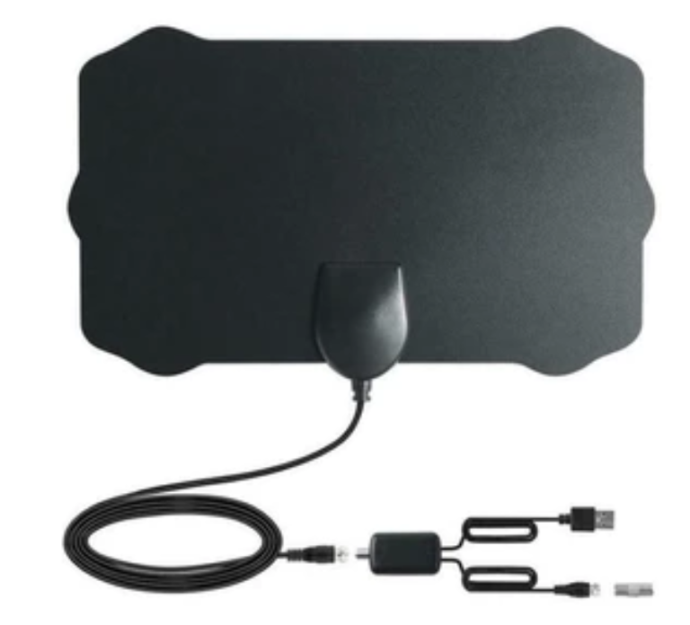 The flat black antenna with its coiled coaxial cable, USB signal amplifier and connector, on a white background