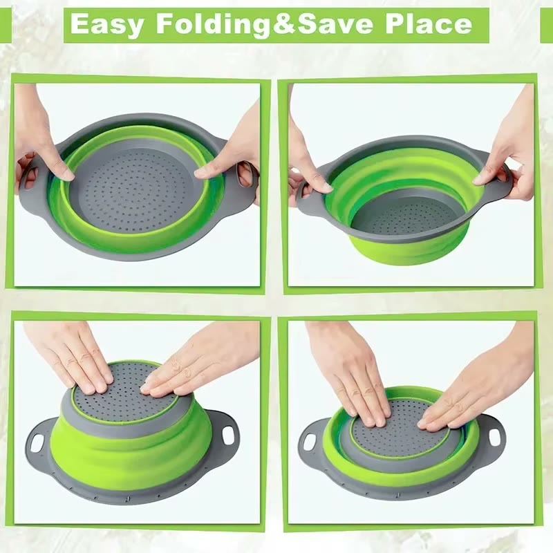 Four steps showing one colander being pressed flat by hand and sprung back open