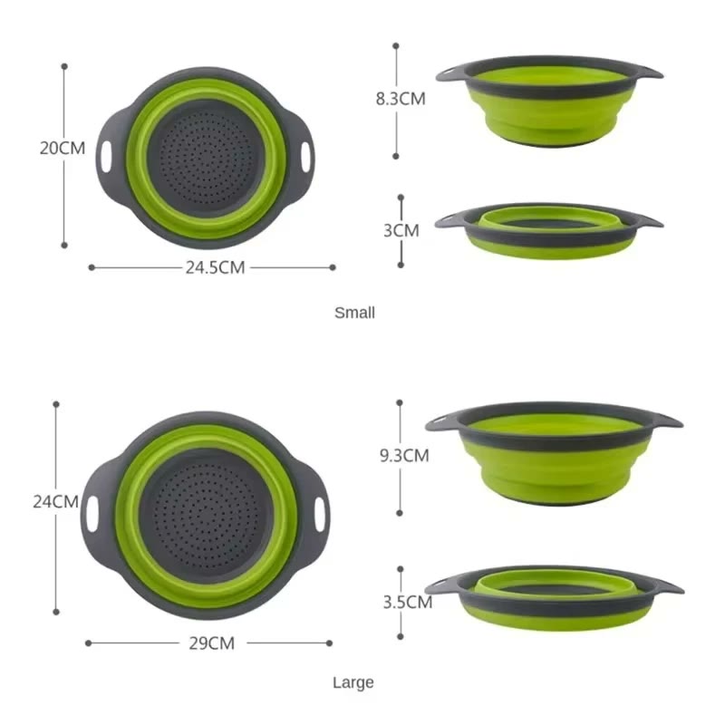 Both sizes measured: the small at 24.5 by 20cm and the large at 29 by 24cm, each shown open and collapsed
