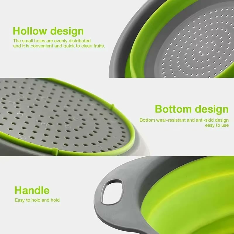 Close-ups of the fine drain holes, the non-slip base and the moulded side handle