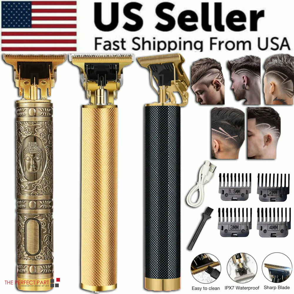All three finishes side by side with everything in the box: four guide combs, cleaning brush and charging cable