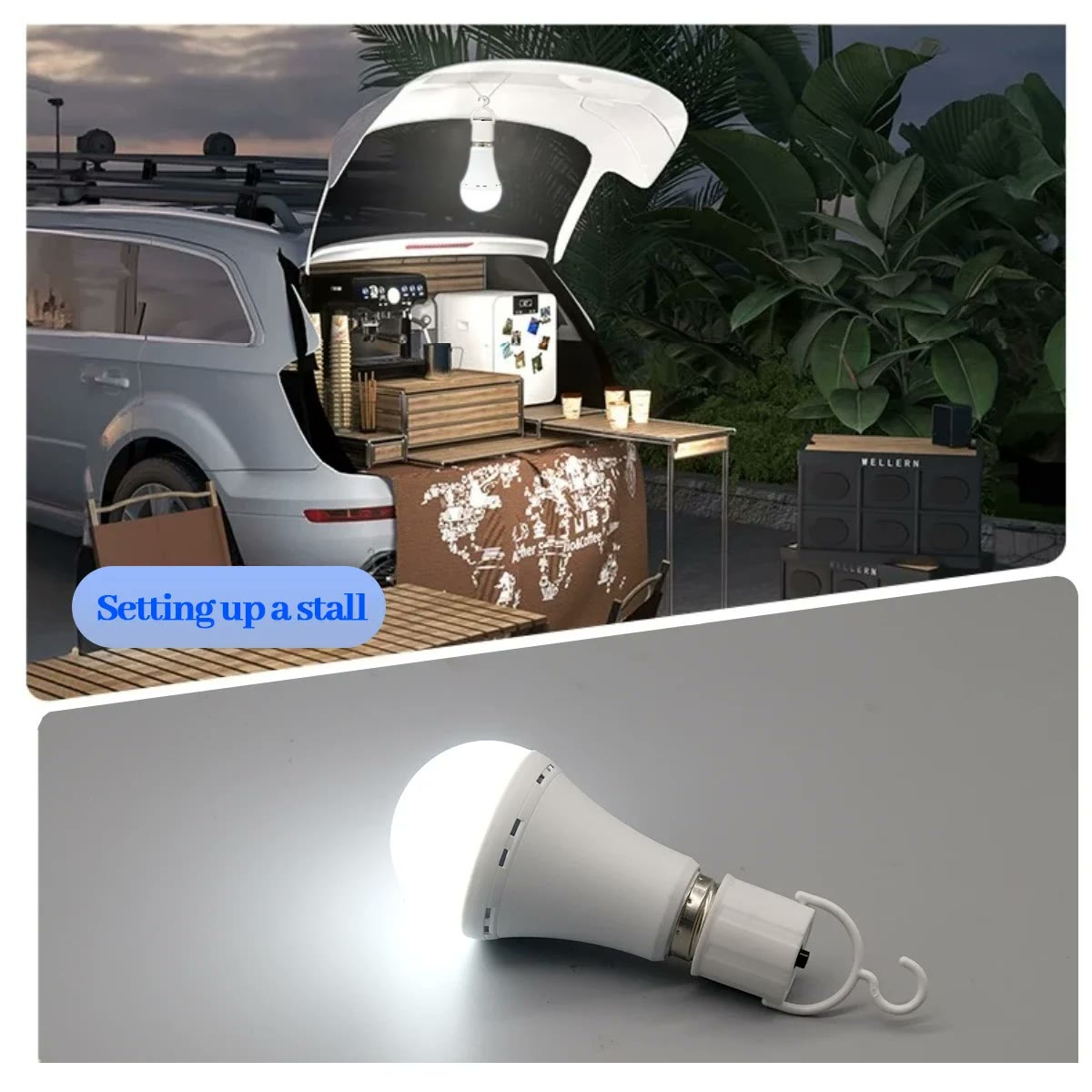 A lit bulb with its white hanging hook swung out, and one hung from a car tailgate lighting a market stall