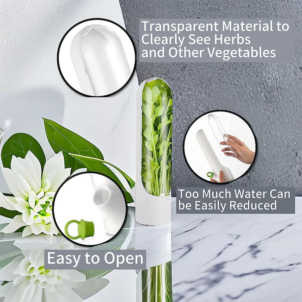 Close-ups of the clear body, the pull-tab lid and the spout for pouring off excess water