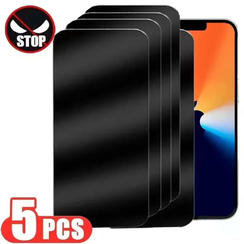 Five black privacy protectors fanned out beside an iPhone, the phone screen bright while the glass reads solid black