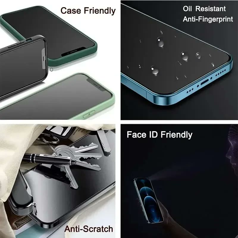 Four panels: the glass on a cased phone, water beading on its surface, sitting unscratched among keys, and unlocking with Face ID