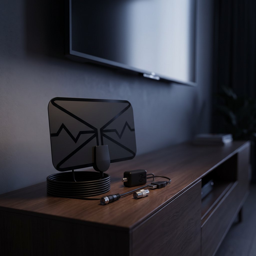 The flat black antenna standing on a wooden media unit in a dark living room, its cable coiled beside the amplifier box, a TV on the wall behind