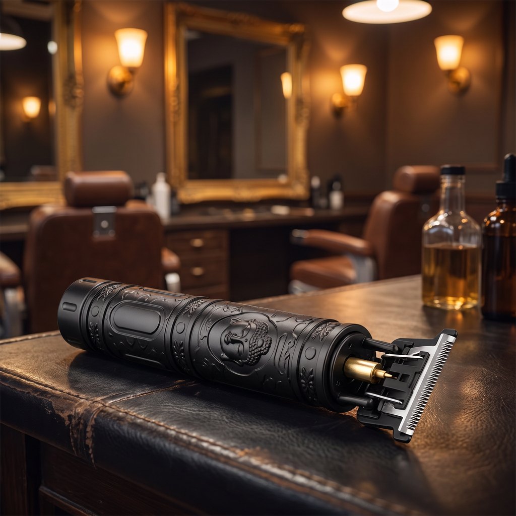 The trimmer on a leather counter in a dim barbershop, its engraved black barrel and steel T-blade lit by the wall lamps, mirrors and barber chairs blurred behind