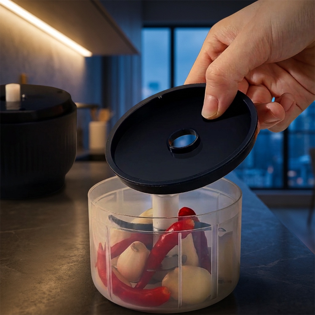 A hand lifting the navy lid off the clear cup of garlic and chillies, on a worktop in a dark kitchen