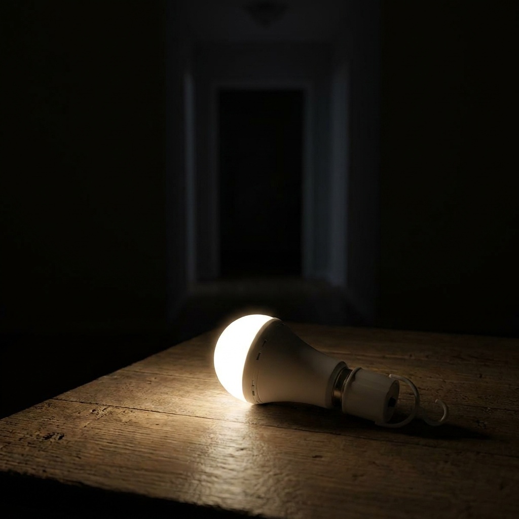A rechargeable bulb lit on a table in an otherwise dark room during a power cut, throwing a warm pool of light