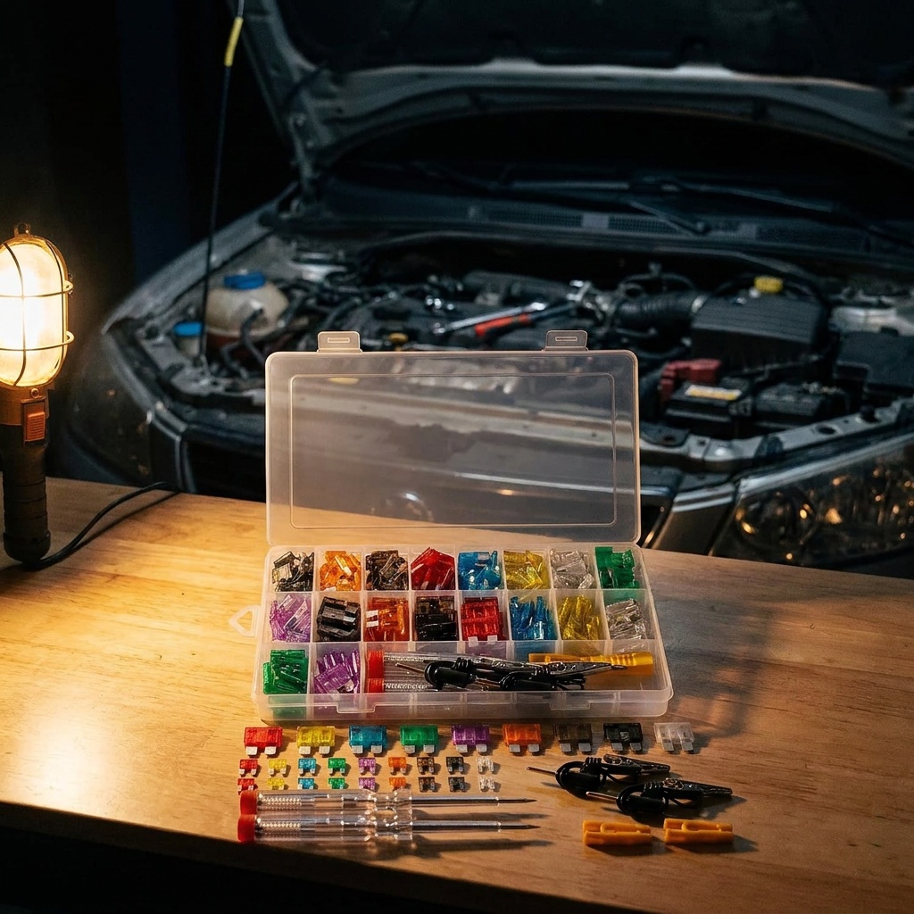 The open case of colour-sorted fuses with its testers and pullers on a garage bench, a car's open bonnet behind