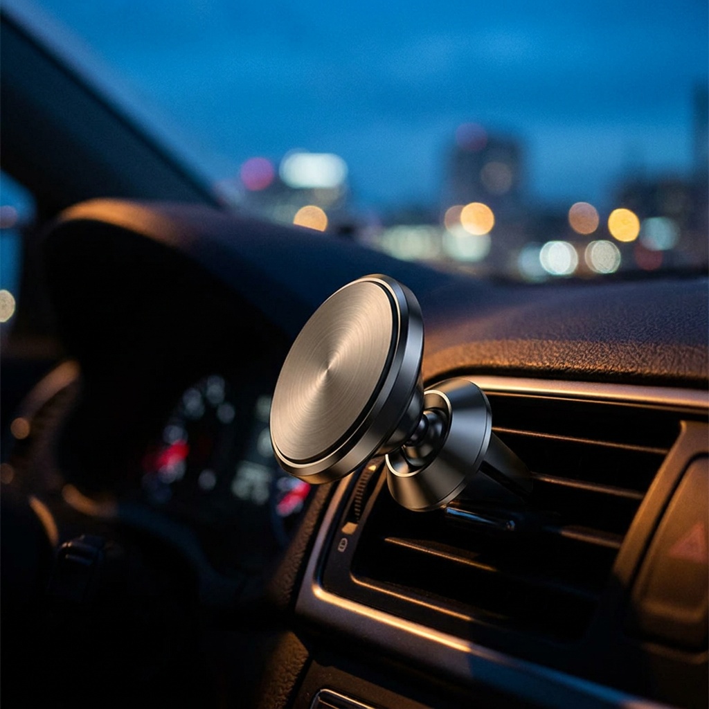 The magnetic mount clipped to a car air vent at dusk, blurred city lights through the windscreen behind it