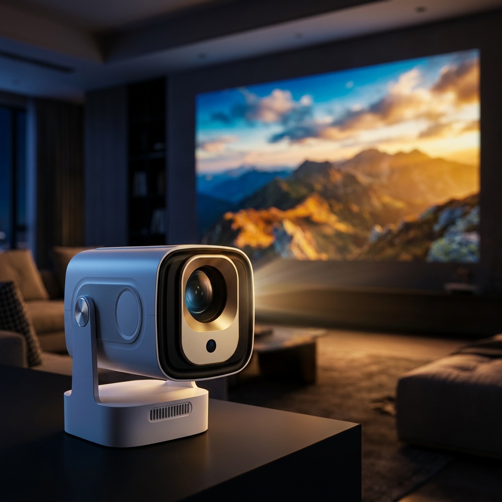 The white projector on a dark side table in an unlit living room, throwing a bright mountain landscape onto the wall behind it