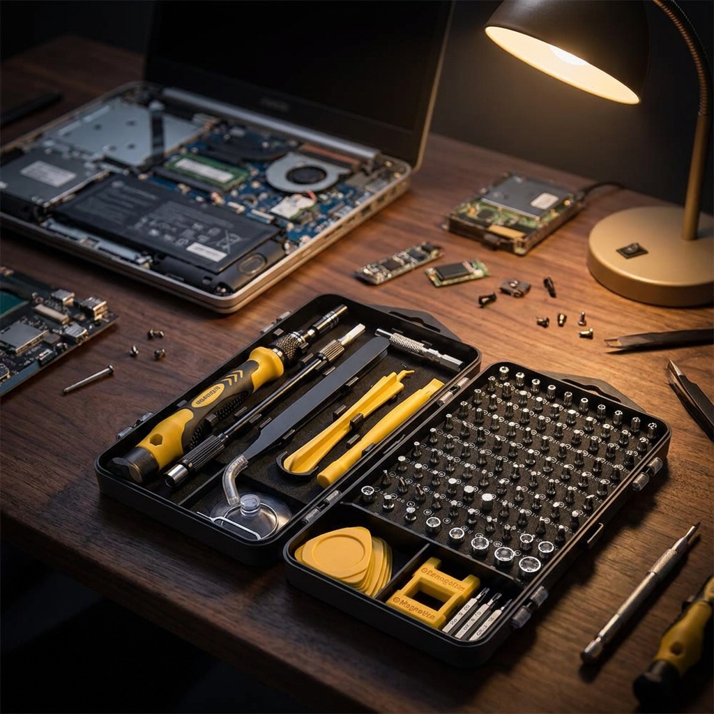 The open screwdriver case on a workbench beside a part-disassembled laptop, lit by a warm task lamp