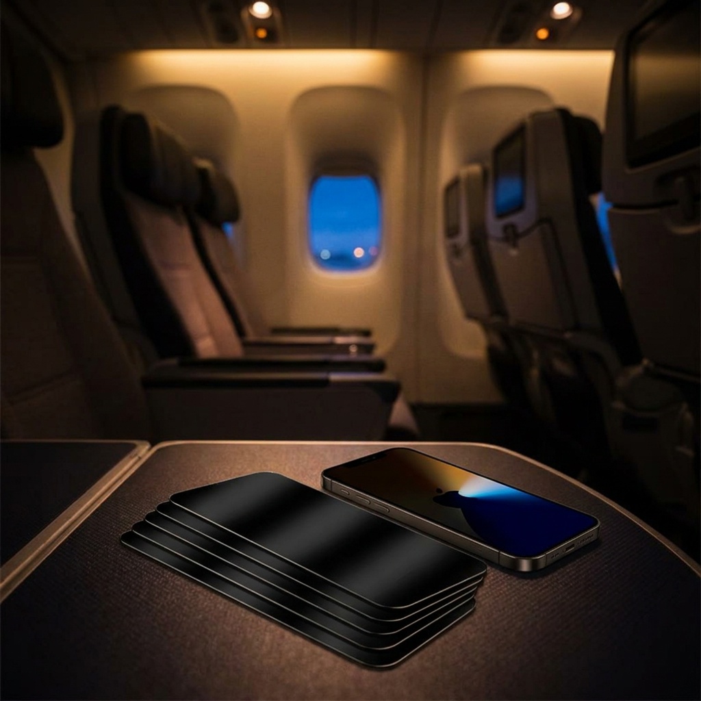 The stack of privacy protectors and a phone on an aircraft tray table, the dim cabin and a twilight window behind