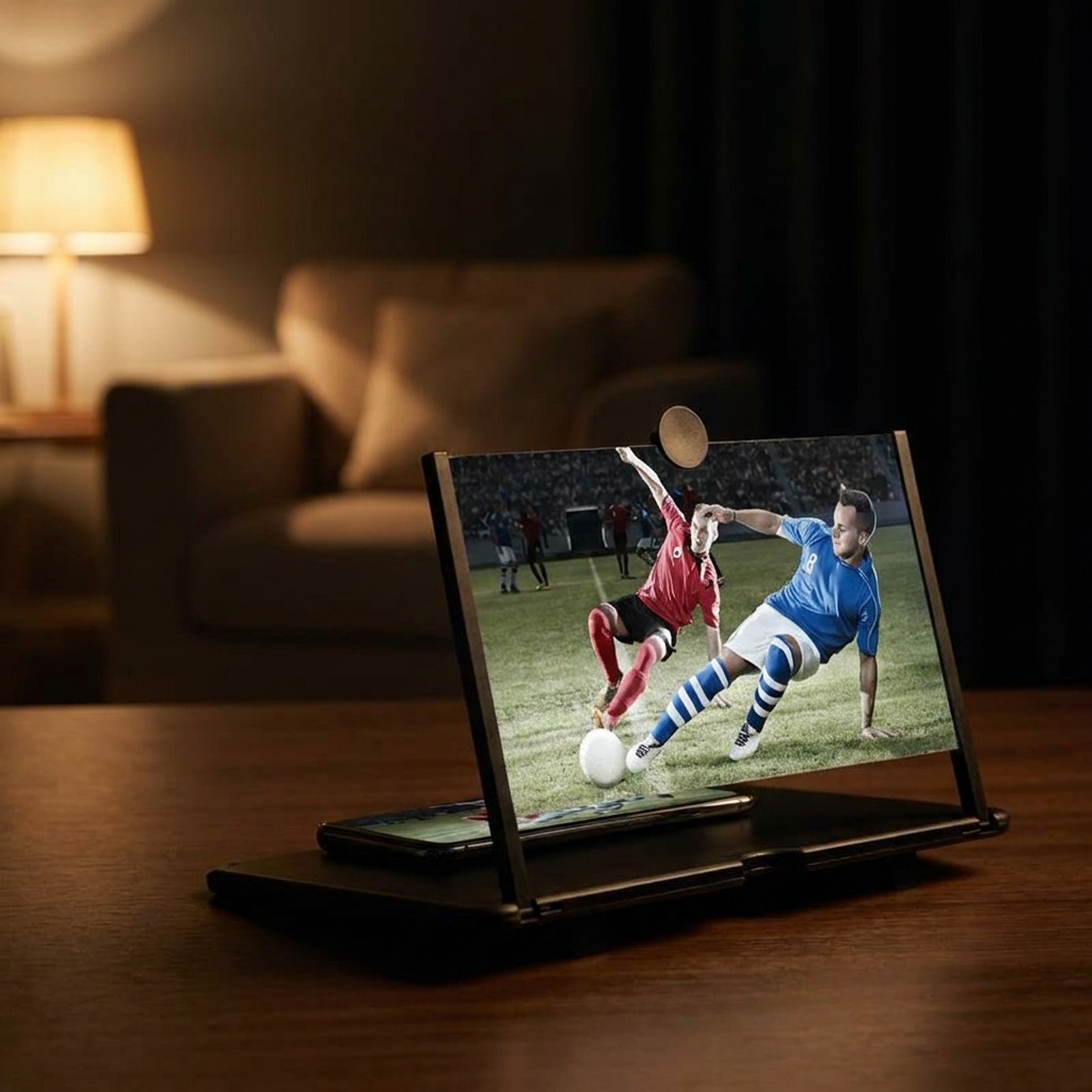 The magnifier on its stand in a dim living room, enlarging a football match playing on the phone behind it
