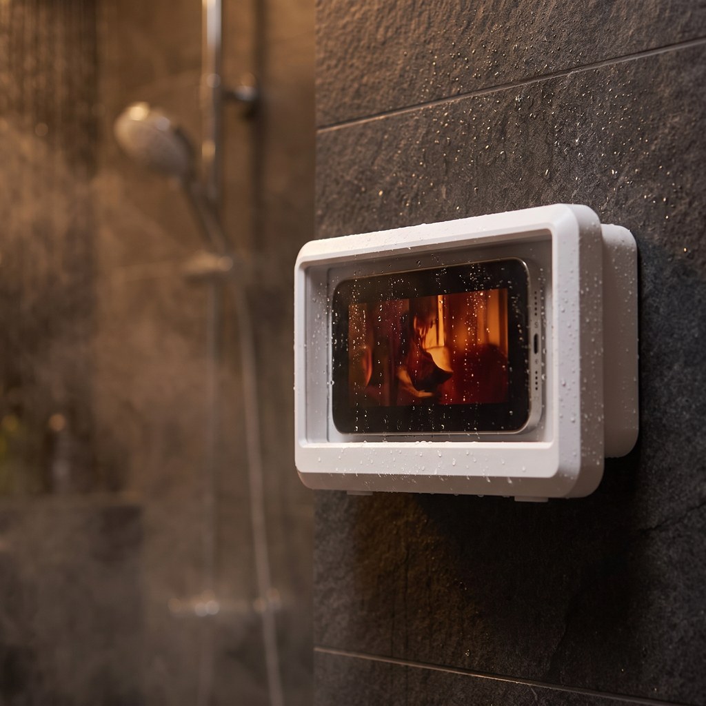 The white holder mounted on dark tile in a steamy shower, a film playing on the phone behind its window, water beaded on the case