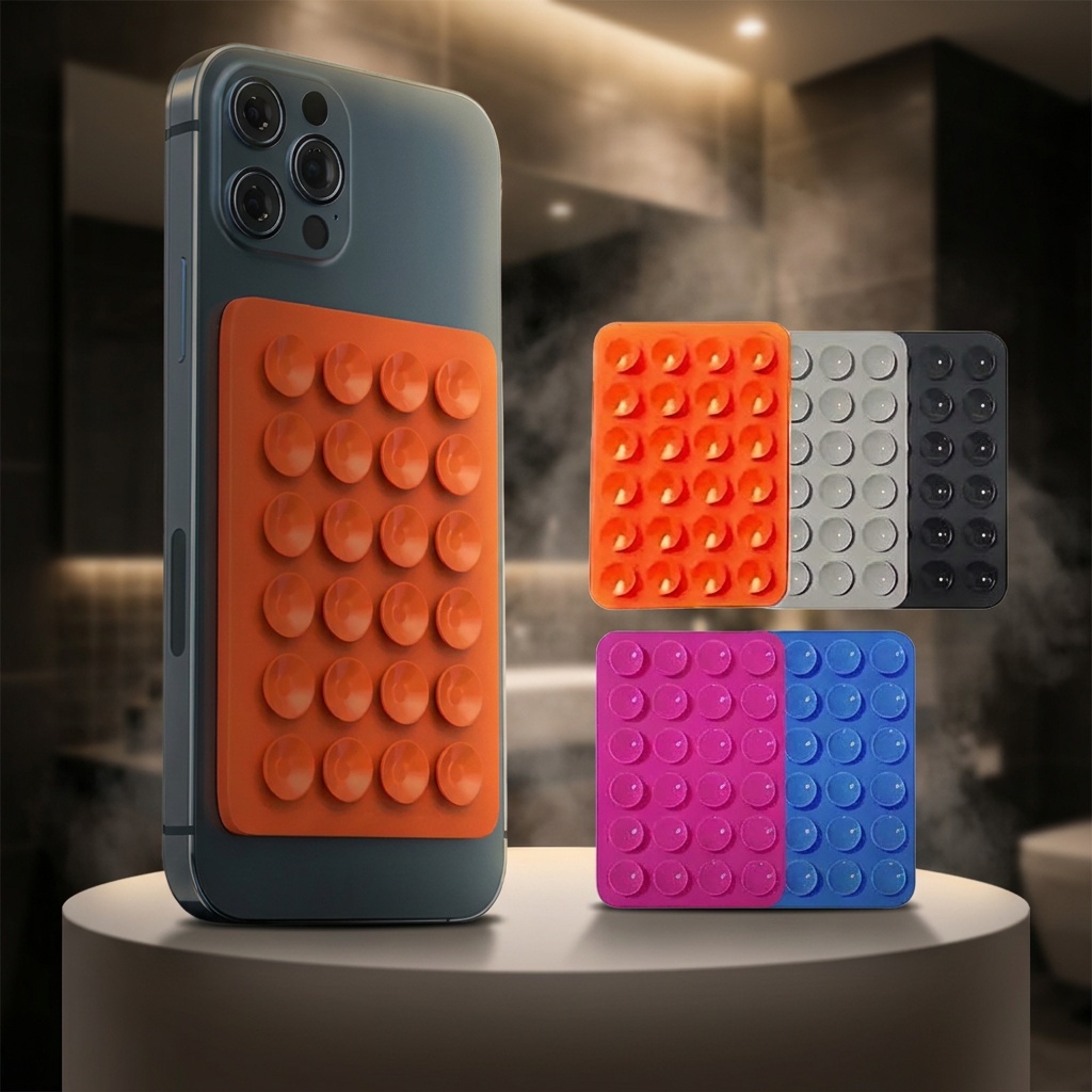 The phone with its orange suction pad and the loose coloured pads on a podium, a steamy dark bathroom behind