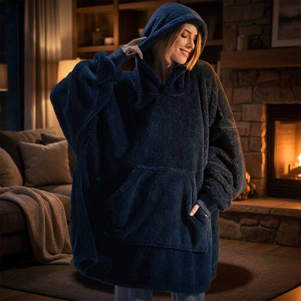 Someone wearing the navy hoodie with a hand at the hood, standing in a dark living room lit by a fireplace